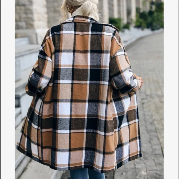 Cozy Plaid Print Button Up Oversized LIGHT Jacket Shacket Top - Picture 4 of 7